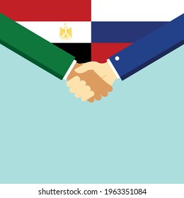 The handshake and two flags Egypt and Russia. Flat style vector illustration.