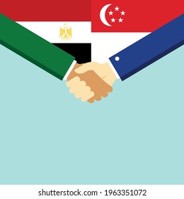 The handshake and two flags Egypt and Singapore. Flat style vector illustration.