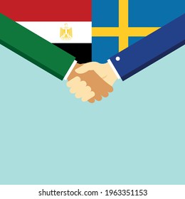 El apretón de manos y dos banderas son Egipto y Suecia. Ilustración vectorial de estilo plano.