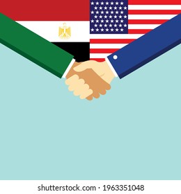 El apretón de manos y dos banderas son Egipto y Estados Unidos. Ilustración vectorial de estilo plano.
