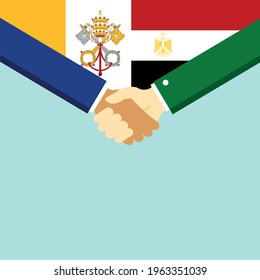 El apretón de manos y dos banderas: Egipto y el Vaticano. Ilustración vectorial de estilo plano.