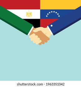 El apretón de manos y dos banderas son Egipto y Venezuela. Ilustración vectorial de estilo plano.