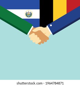 The handshake and two flags El Salvador and Belgium. Flat style vector illustration.