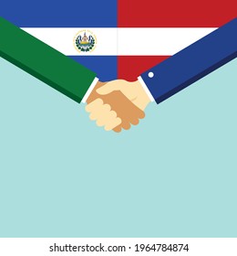 The handshake and two flags El Salvador and Austria. Flat style vector illustration.