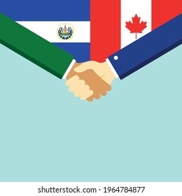 The handshake and two flags El Salvador and Canada. Flat style vector illustration.