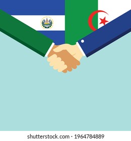 The handshake and two flags El Salvador and Algeria. Flat style vector illustration.