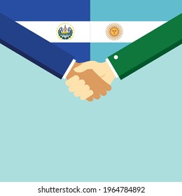 The handshake and two flags El Salvador and Argentina. Flat style vector illustration.