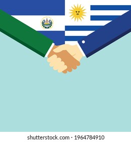 The handshake and two flags El Salvador and Uruguay. Flat style vector illustration.