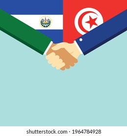 The handshake and two flags El Salvador and Tunisia. Flat style vector illustration.
