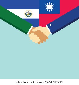The handshake and two flags El Salvador and Taiwan. Flat style vector illustration.
