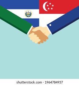 The handshake and two flags El Salvador and Singapore. Flat style vector illustration.