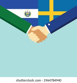El apretón de manos y dos banderas: El Salvador y Suecia. Ilustración vectorial de estilo plano.