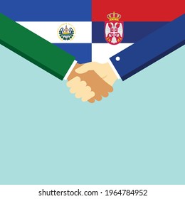 The handshake and two flags El Salvador and Serbia. Flat style vector illustration.