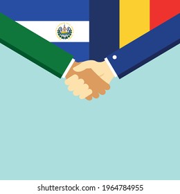 The handshake and two flags El Salvador and Romania. Flat style vector illustration.