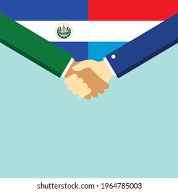 The handshake and two flags El Salvador and Luxembourg. Flat style vector illustration.