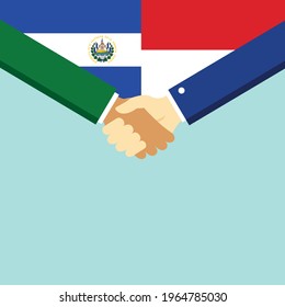 The handshake and two flags El Salvador and Indonesia. Flat style vector illustration.