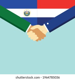 The handshake and two flags El Salvador and Holland. Flat style vector illustration.