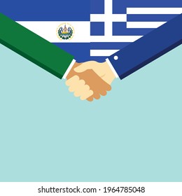 The handshake and two flags El Salvador and Greece. Flat style vector illustration.