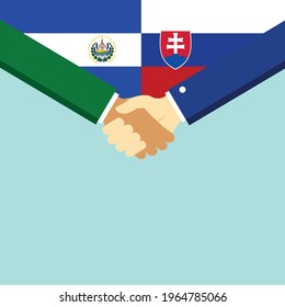 The handshake and two flags El Salvador and Slovakia. Flat style vector illustration.