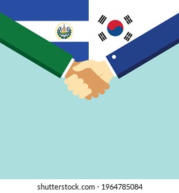 The handshake and two flags El Salvador and South Korea. Flat style vector illustration.