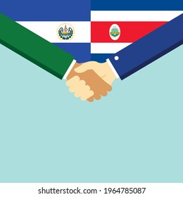 The handshake and two flags El Salvador and Costa Rica. Flat style vector illustration.