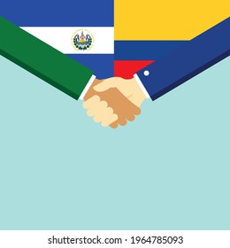 The handshake and two flags El Salvador and Colombia. Flat style vector illustration.