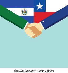 The handshake and two flags El Salvador and Chile. Flat style vector illustration.