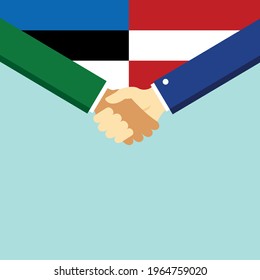 Der Handschlag und zwei Flaggen Estland und Österreich. Flache Vektorgrafik.