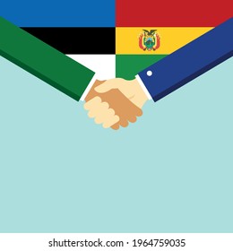 The handshake and two flags Estonia and Bolivia. Flat style vector illustration.