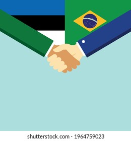 The handshake and two flags Estonia and Brazil. Flat style vector illustration.