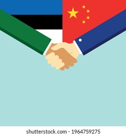 The handshake and two flags Estonia and China. Flat style vector illustration.