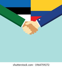 The handshake and two flags Estonia and Colombia. Flat style vector illustration.