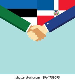 The handshake and two flags Estonia and Dominican Republic. Flat style vector illustration.