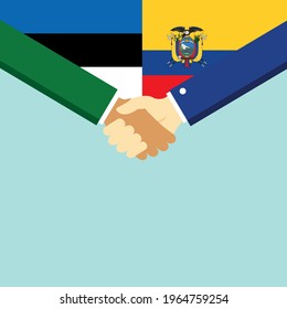 Der Handschlag und zwei Flaggen Estland und Ecuador. Flache Vektorgrafik.