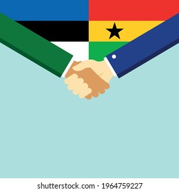 El apretón de manos y dos banderas son Estonia y Ghana. Ilustración vectorial de estilo plano.