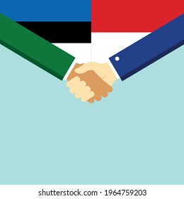 Der Handschlag und zwei Flaggen Estland und Indonesien. Flache Vektorgrafik.