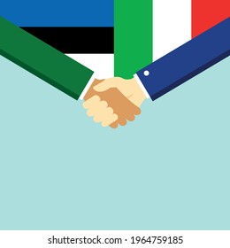 The handshake and two flags Estonia and Italy. Flat style vector illustration.