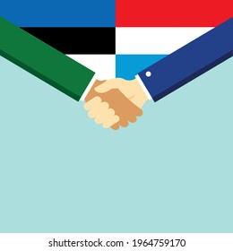 The handshake and two flags Estonia and Luxembourg. Flat style vector illustration.