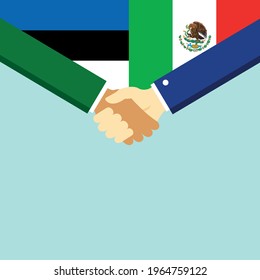 Der Handschlag und zwei Flaggen Estland und Mexiko. Flache Vektorgrafik.