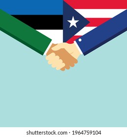Der Handshake und zwei Flaggen Estland und Puerto Rico. Flache Vektorgrafik.