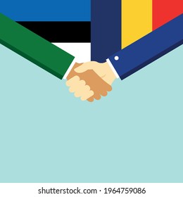 The handshake and two flags Estonia and Romania. Flat style vector illustration.