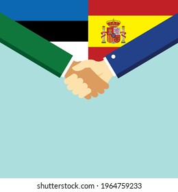 The handshake and two flags Estonia and Spain. Flat style vector illustration.