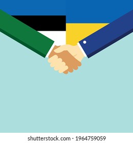 Der Handschlag und zwei Flaggen Estland und Ukraine. Flache Vektorgrafik.