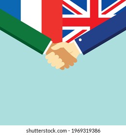 The handshake and two flags France and Denmark. Flat style vector illustration.