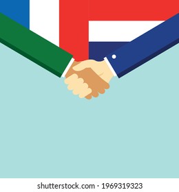 The handshake and two flags France and Holland. Flat style vector illustration.