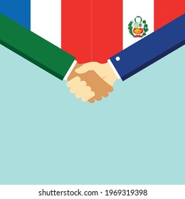 The handshake and two flags France and Peru. Flat style vector illustration.