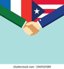 The handshake and two flags France and Puerto Rico. Flat style vector illustration.