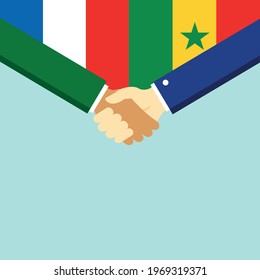 The handshake and two flags France and Senegal. Flat style vector illustration.