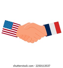 Handshake and two flags France and USA.Diplomats of United States and France business agreement handshake.Diplomacy between countries.Vector flat illustration.
