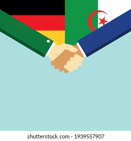 The handshake and two flags German and Algeria. Flat style vector illustration.
